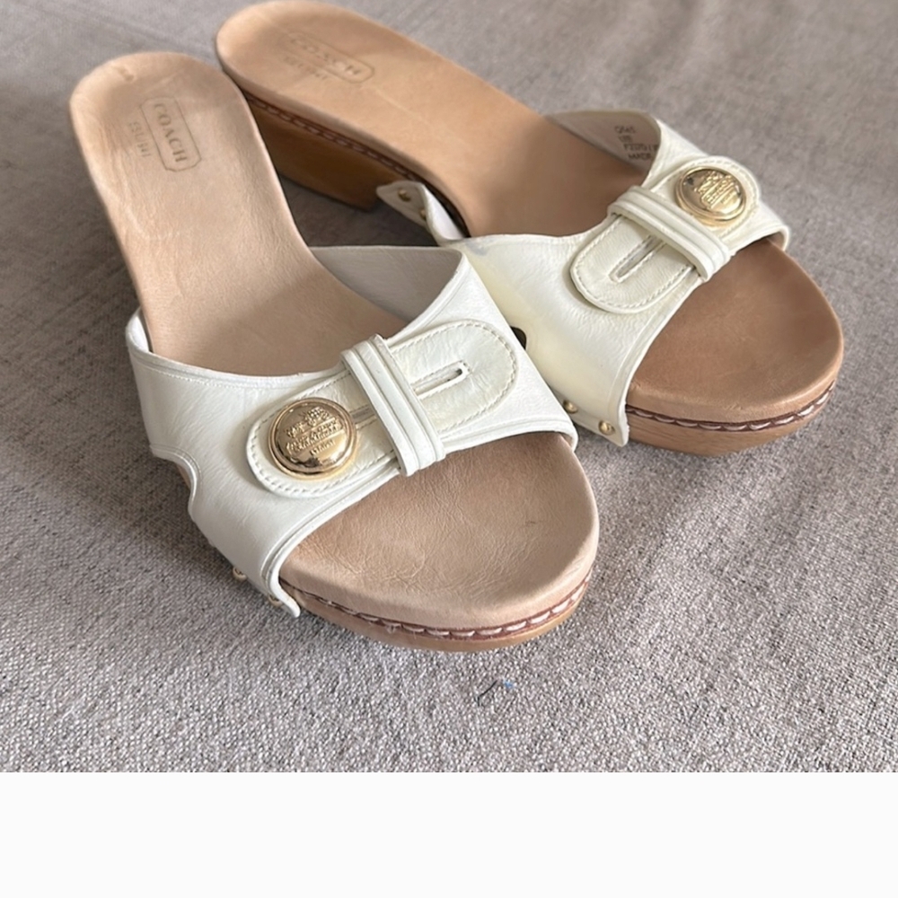 Vtg Coach Off White Cream   Mules with Wooden Bottom  Sz 8